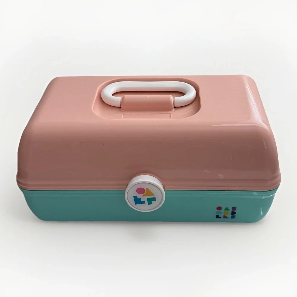 Vtg Caboodles 3 Tier Makeup Travel Case w/Vanity Mirror Peach & Mint Green USA
